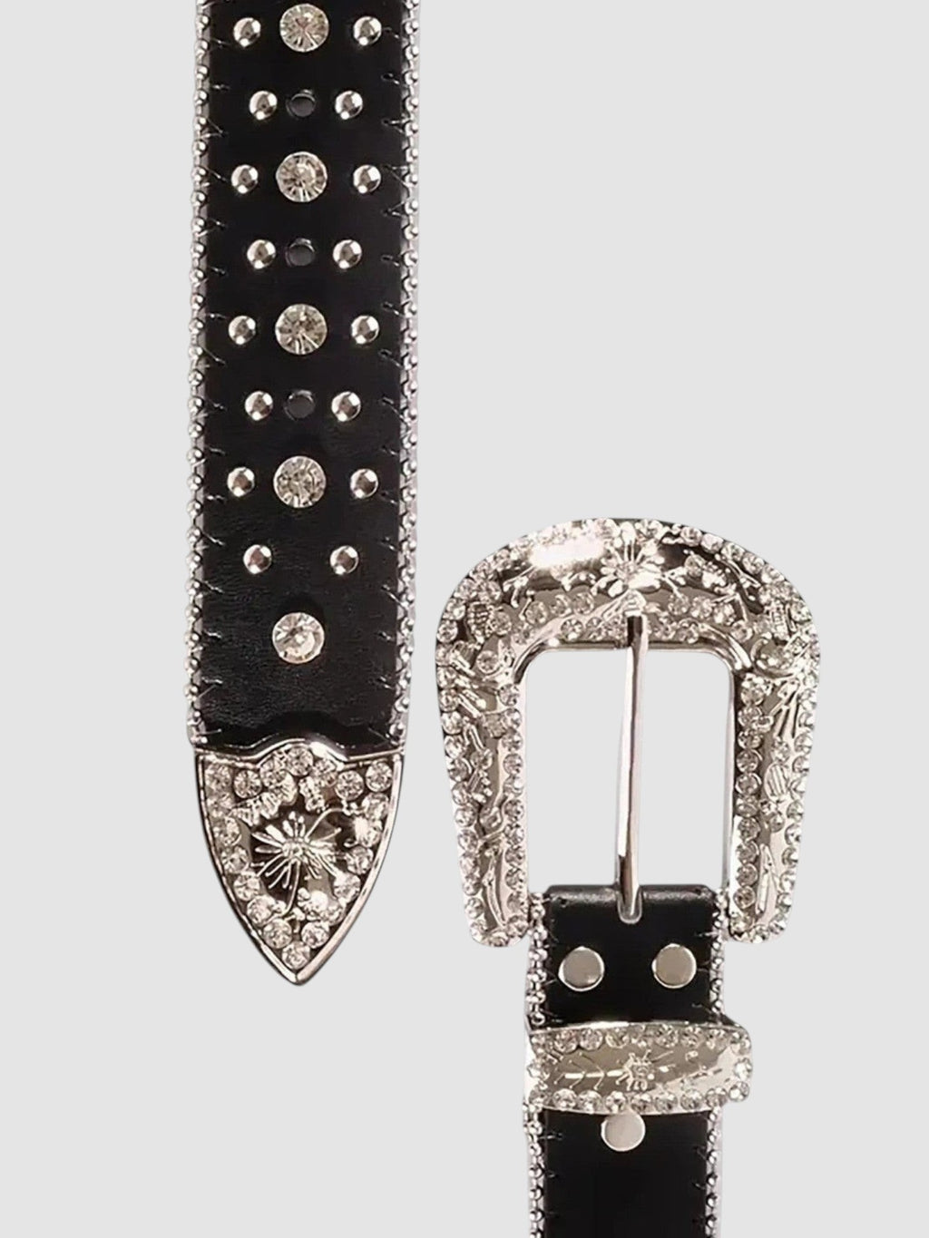 Y2K Avenue black faux leather belt with silver western buckle and floral metal details encrusted with sparkling rhinestones