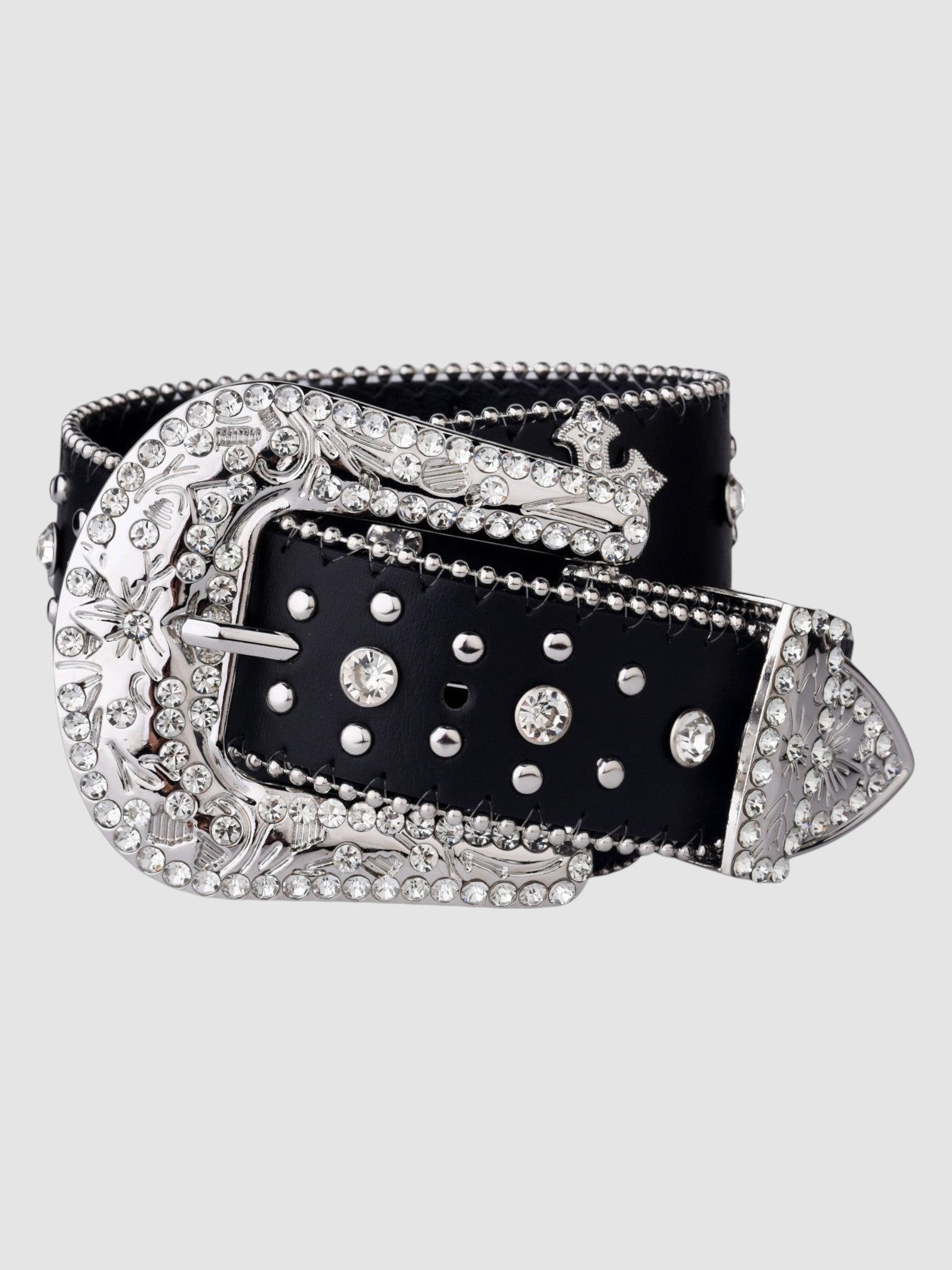 Y2K Avenue black faux leather belt featuring a large silver western buckle and strap adorned with sparkling rhinestones