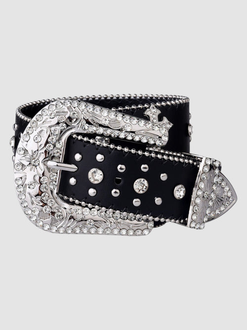 Y2K Avenue black faux leather belt featuring a large silver western buckle and strap adorned with sparkling rhinestones