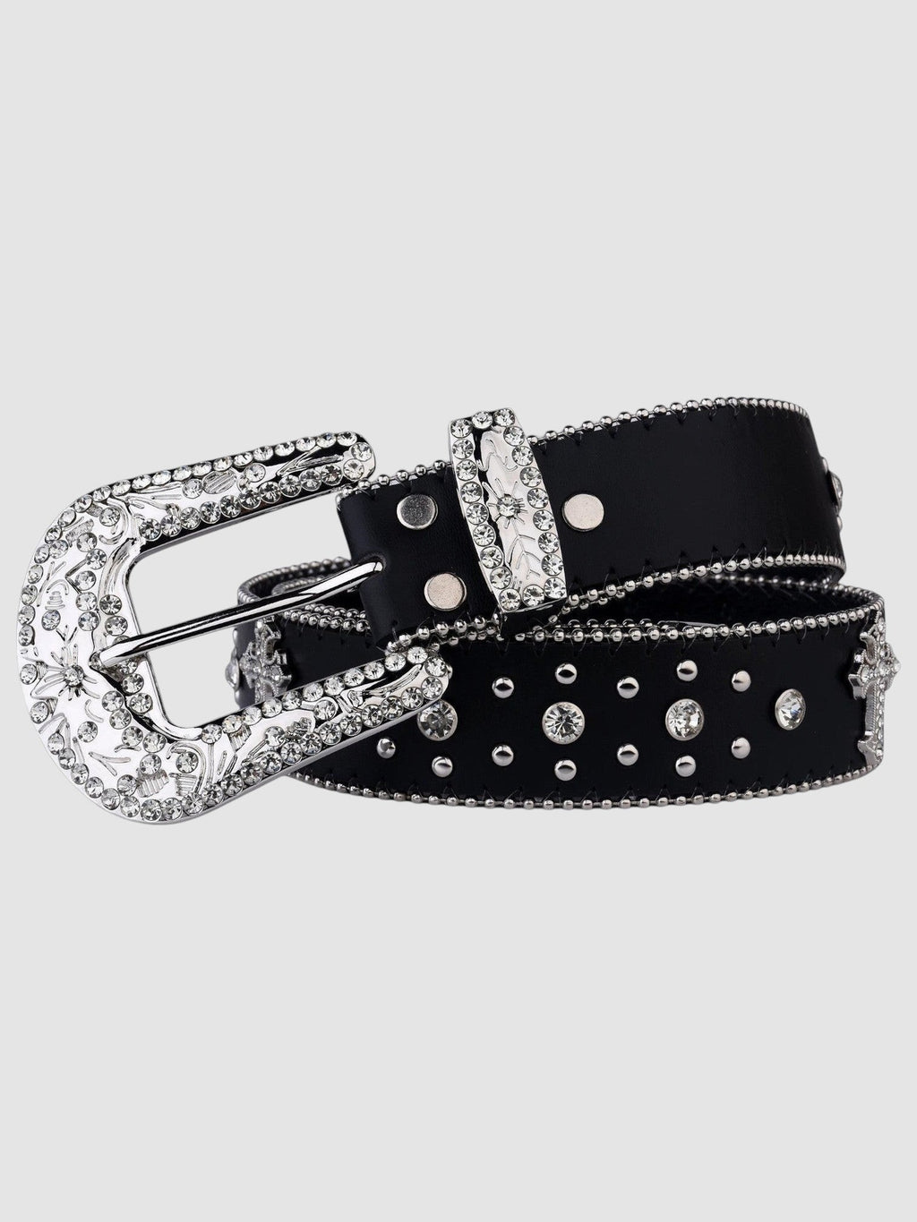 Y2K Avenue black faux leather belt with a silver western buckle, floral metal detailing, and sparkling rhinestones.