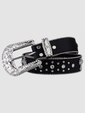 Y2K Avenue black faux leather belt with a silver western buckle, floral metal detailing, and sparkling rhinestones.