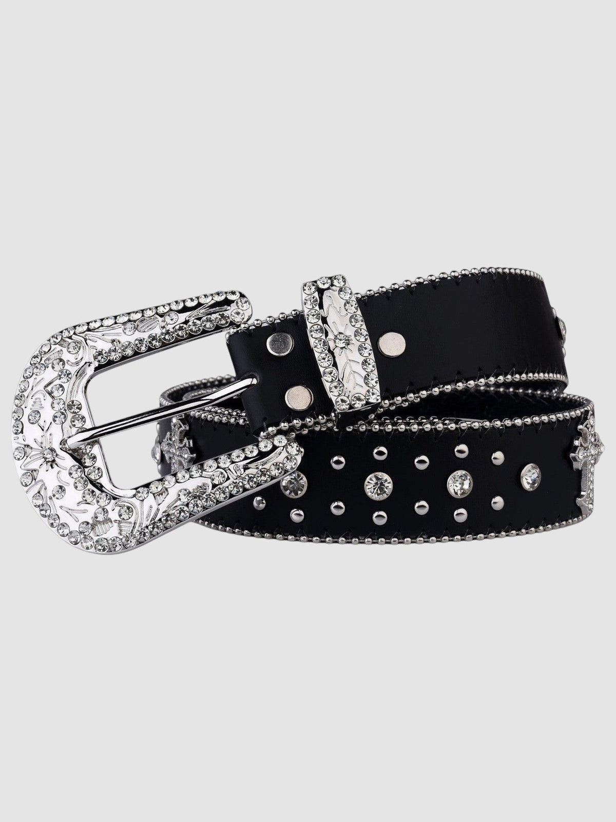 Y2K Avenue black faux leather belt with a silver western buckle, floral metal detailing, and sparkling rhinestones.