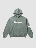Y2K Avenue sage green oversized hoodie with white star graphic print and lettering on chest and sleeve