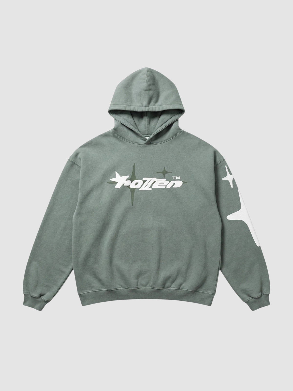 Y2K Avenue sage green oversized hoodie with white star graphic print and lettering on chest and sleeve