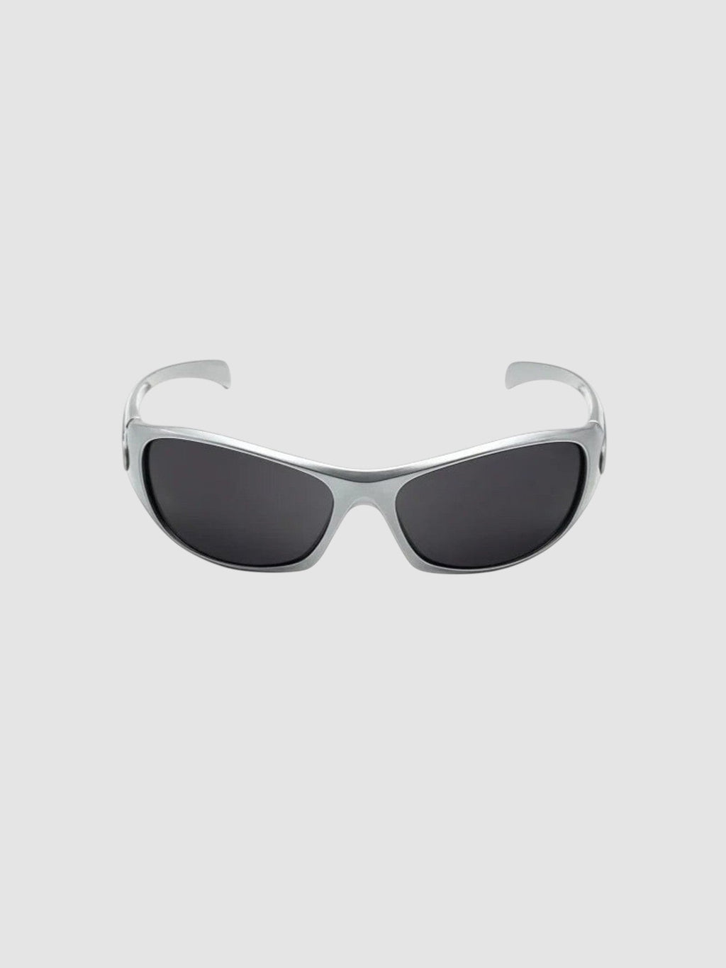 Y2K Avenue silver and black wraparound sport sunglasses with UV400 polycarbonate lenses for an active Y2K aesthetic.