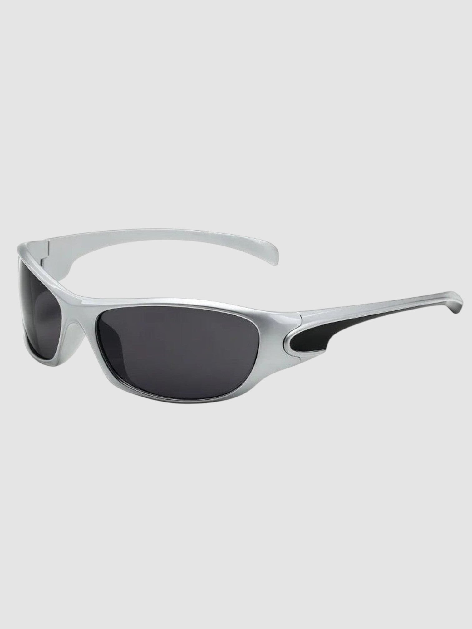 Y2K Avenue silver and black wraparound sport sunglasses with anti-reflective UV400 lenses and rubber grip details.