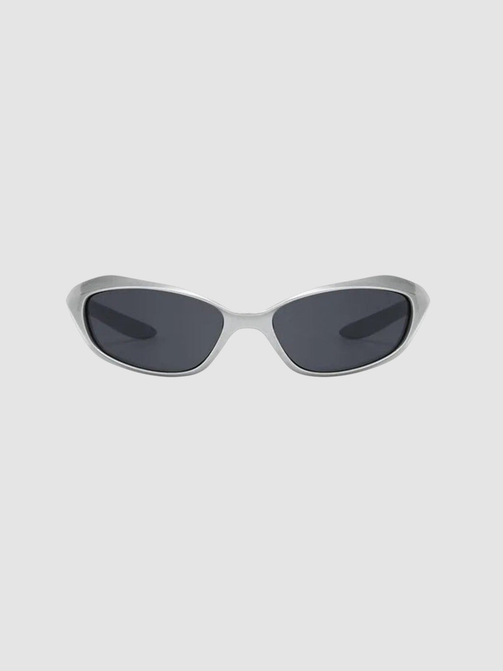 Y2K Avenue futuristic silver wraparound sunglasses with dark tinted lenses and a metallic polycarbonate frame.
