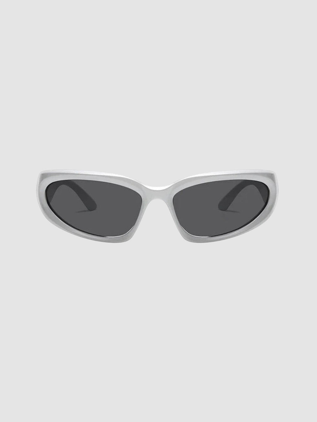 Y2K Avenue silver gorpcore wraparound sunglasses with dark grey tinted lenses for a technical outdoor look.
