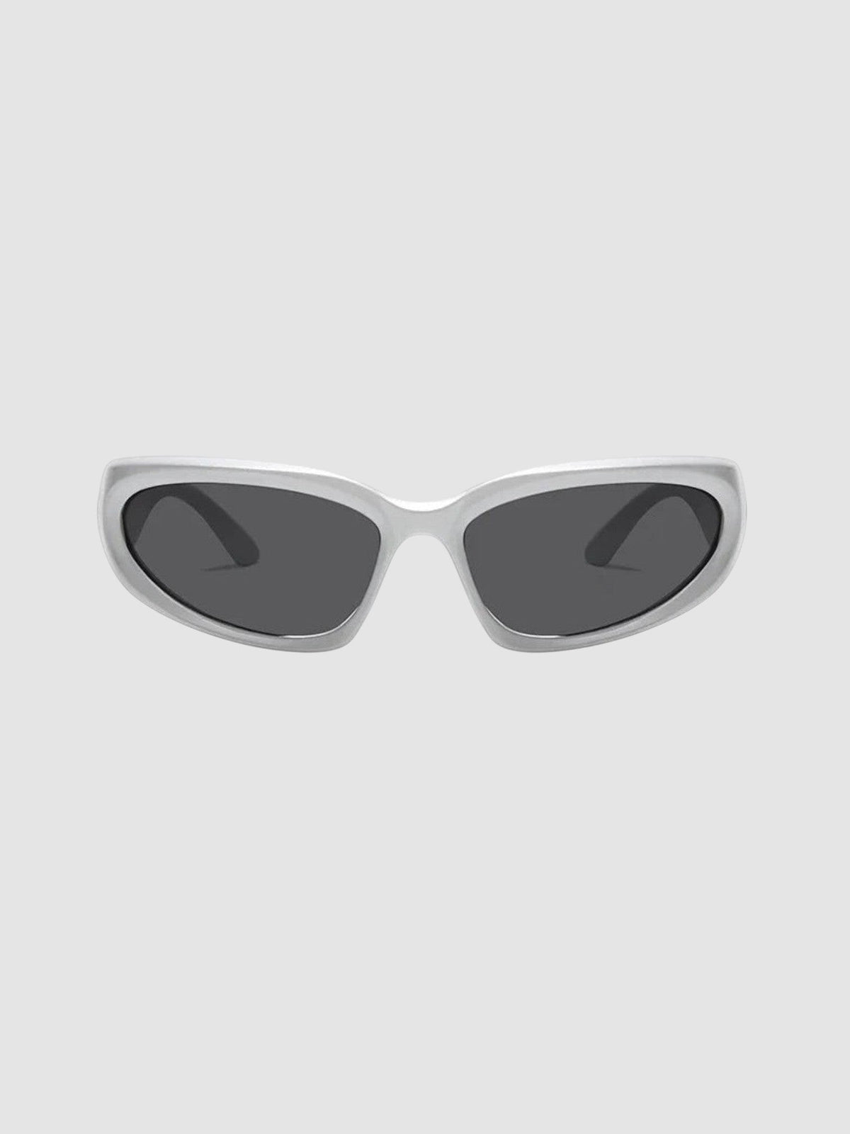 Y2K Avenue silver gorpcore wraparound sunglasses with dark grey tinted lenses for a technical outdoor look.