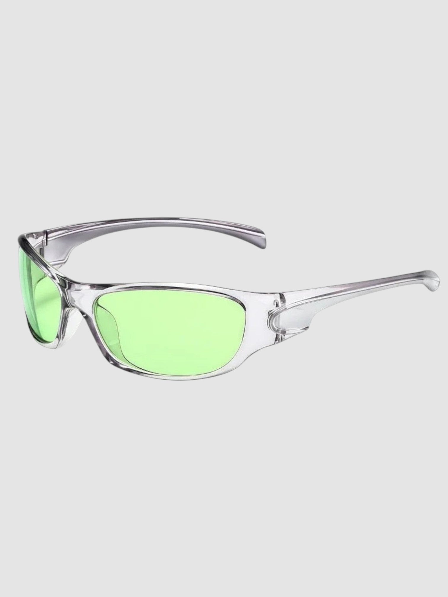 Y2K Avenue wraparound sport sunglasses with a translucent silver frame and vibrant green lenses