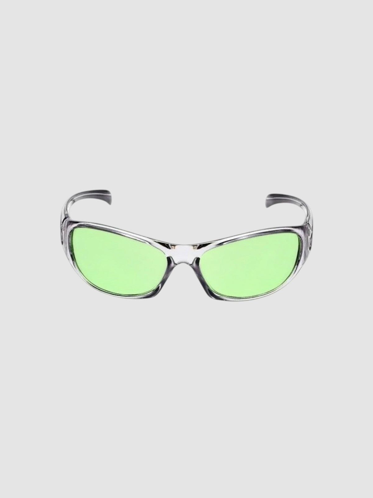 Y2K Avenue wraparound sport sunglasses with a silver frame and vibrant green lenses for an active Y2K aesthetic