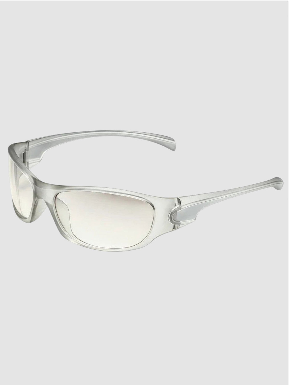 Y2K Avenue silver wraparound sport sunglasses with polycarbonate frame and anti-reflective UV400 lenses
