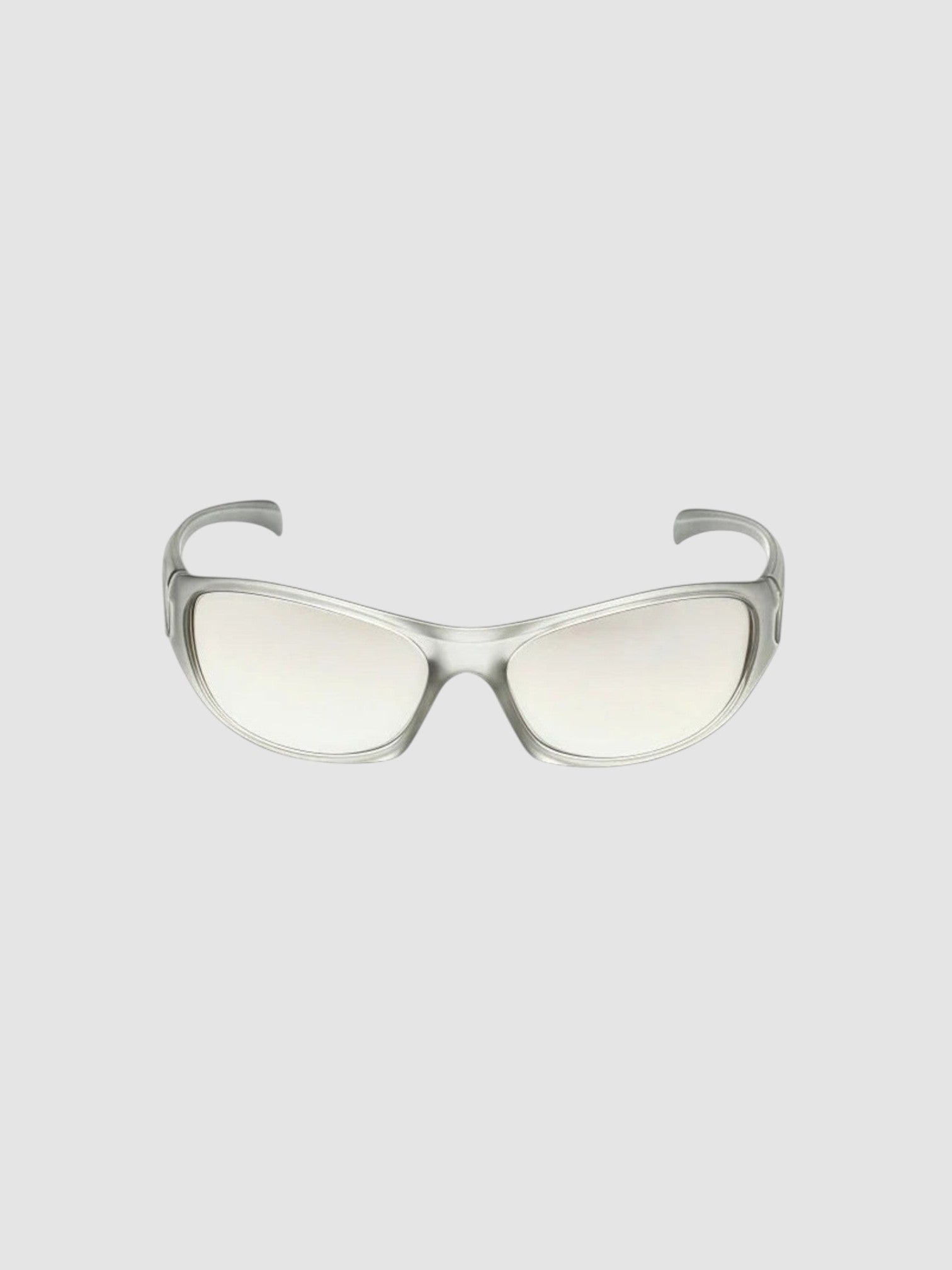 Y2K Avenue silver wraparound sport sunglasses with a sleek polycarbonate frame and anti-reflective lenses.
