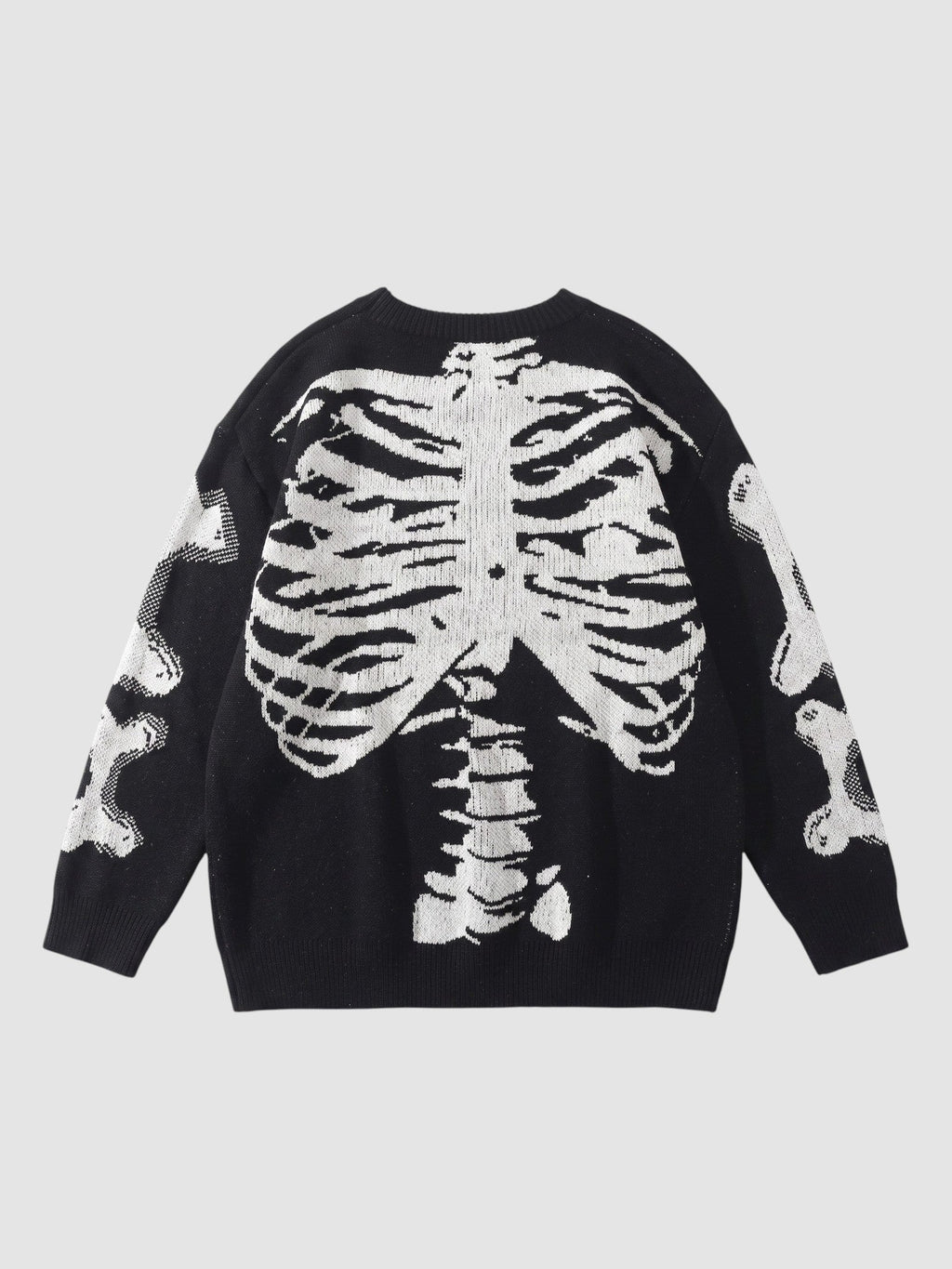 Y2K AVENUE black knit sweater featuring a white 3D-effect rib cage and spine design with bone patterns on sleeves.