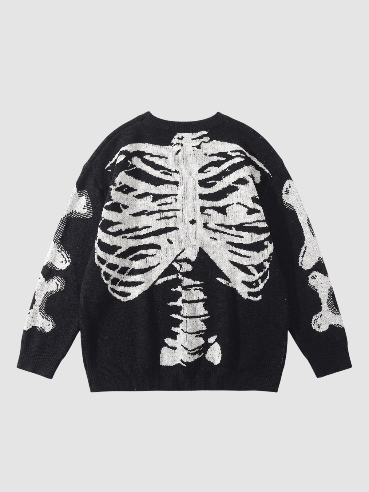 Y2K AVENUE black knit sweater featuring a white 3D-effect rib cage and spine design with bone patterns on sleeves.