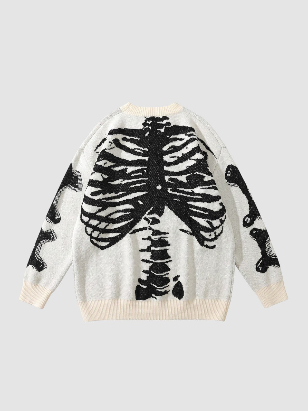 Y2K AVENUE white knit sweater featuring a black 3D-effect rib cage and spine design with bone patterns on sleeves.