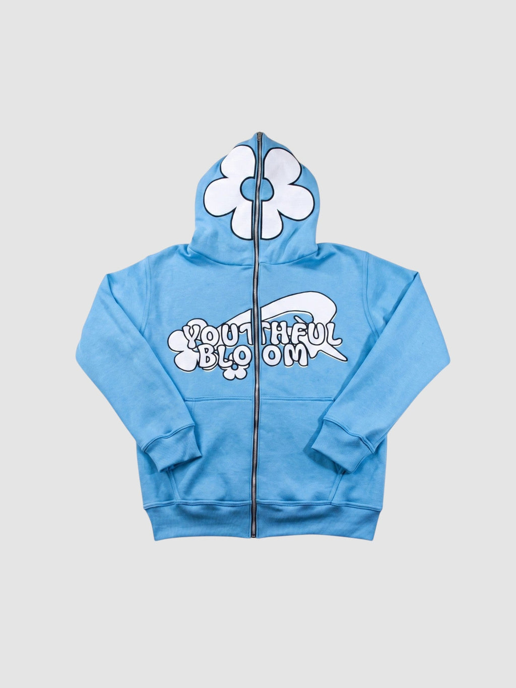 Y2K Avenue sky blue zip-up hoodie featuring a large white flower on the hood and bubble lettering graphic on front.