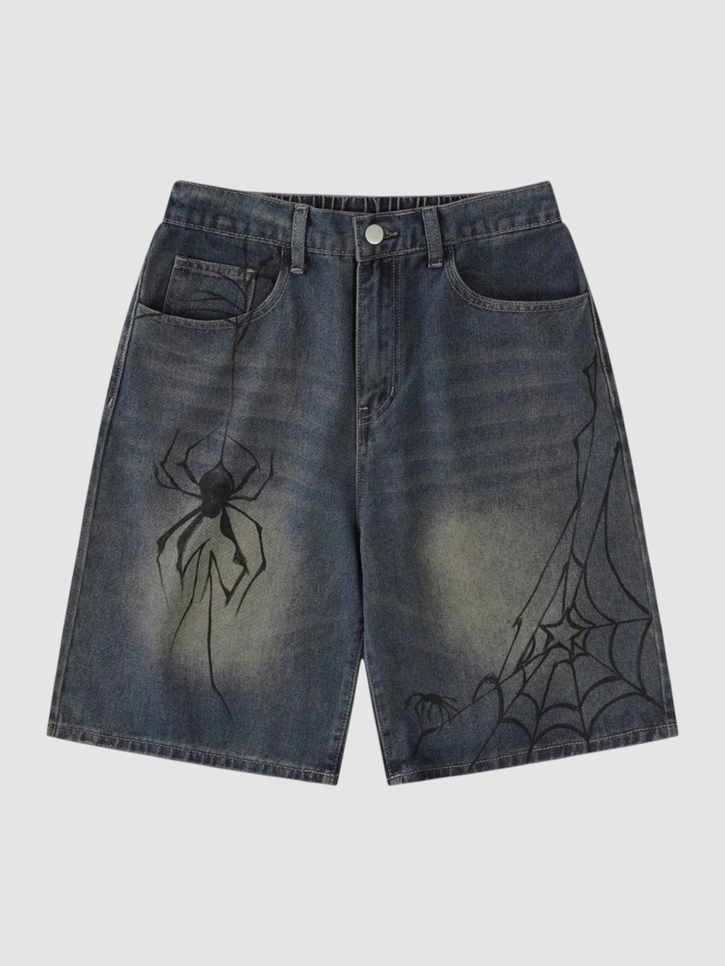 Y2K Avenue blue denim jorts featuring a black spider graphic on the left leg and a web design on the right leg.