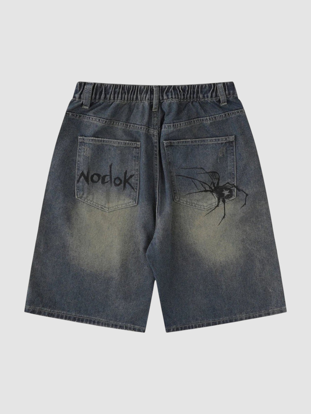 Y2K Avenue blue denim jorts with spider graphic on the back pocket and graffiti style text on the other pocket
