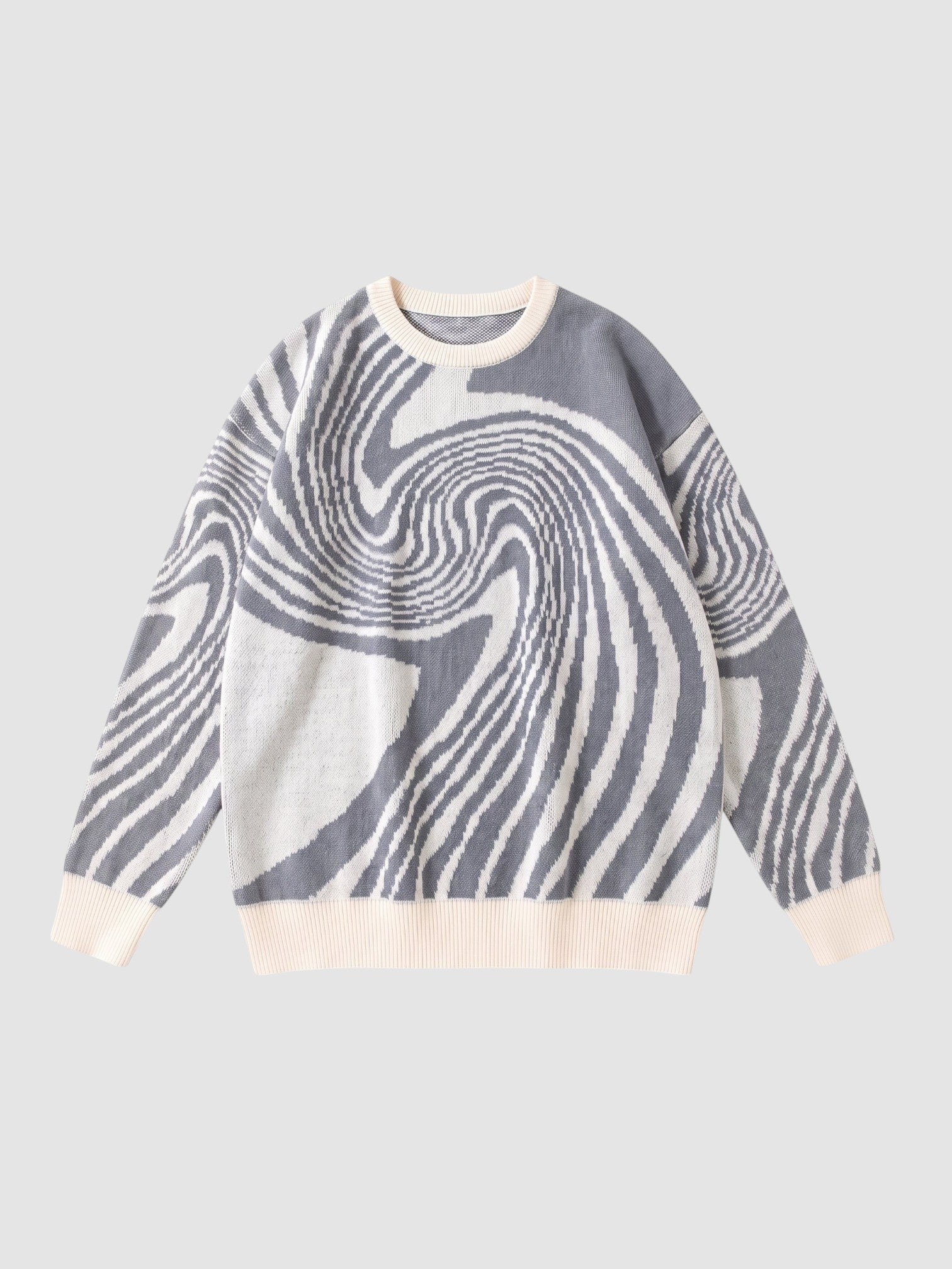 Y2K AVENUE navy and off-white spiral pattern knit sweater with a round neck and ribbed trim in a lightweight style.
