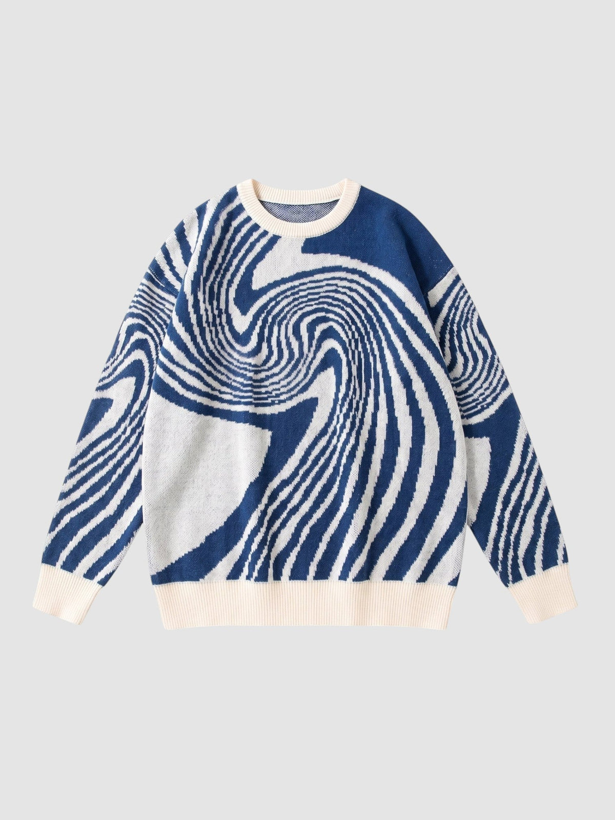 Y2K AVENUE long-sleeve knit sweater featuring a navy blue and off-white spiral swirl pattern with ribbed trim.