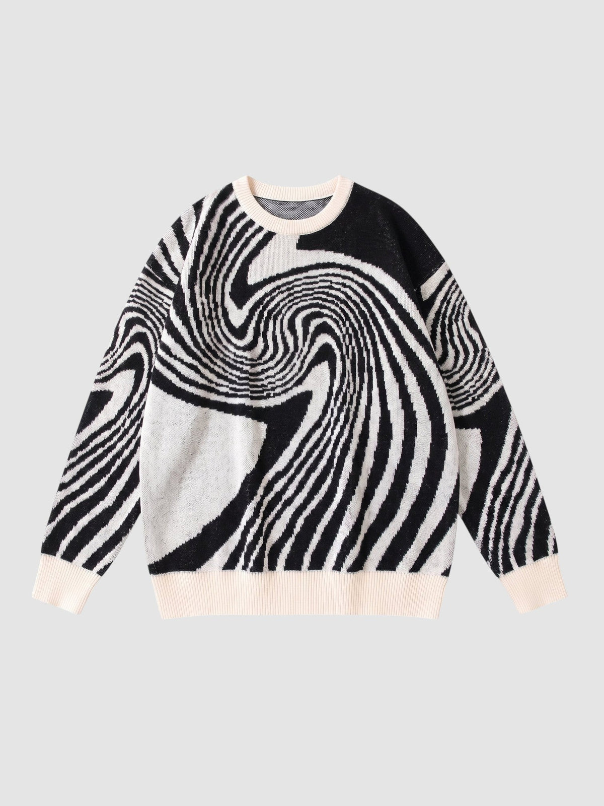 Y2K AVENUE long-sleeve knit sweater featuring a black and off-white spiral swirl pattern with a crew neck.
