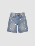 Y2K Avenue high-waisted light blue denim jorts featuring scattered white star prints and a relaxed straight-leg fit.