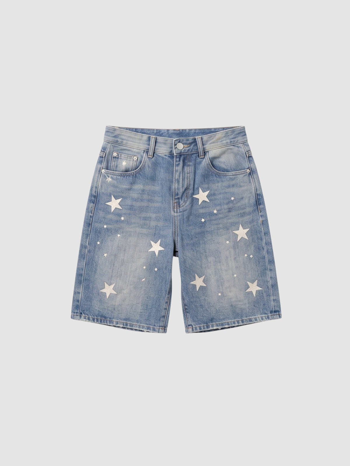 Y2K Avenue high-waisted light blue denim jorts featuring scattered white star prints and a relaxed straight-leg fit.