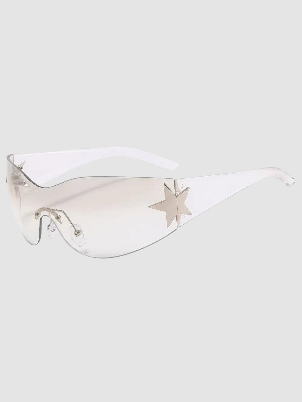 Y2K Avenue Y2K star shield sunglasses with a frameless gradient lens and silver star detail on clear temples