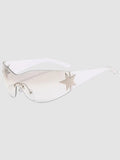 Y2K Avenue Y2K star shield sunglasses with a frameless gradient lens and silver star detail on clear temples
