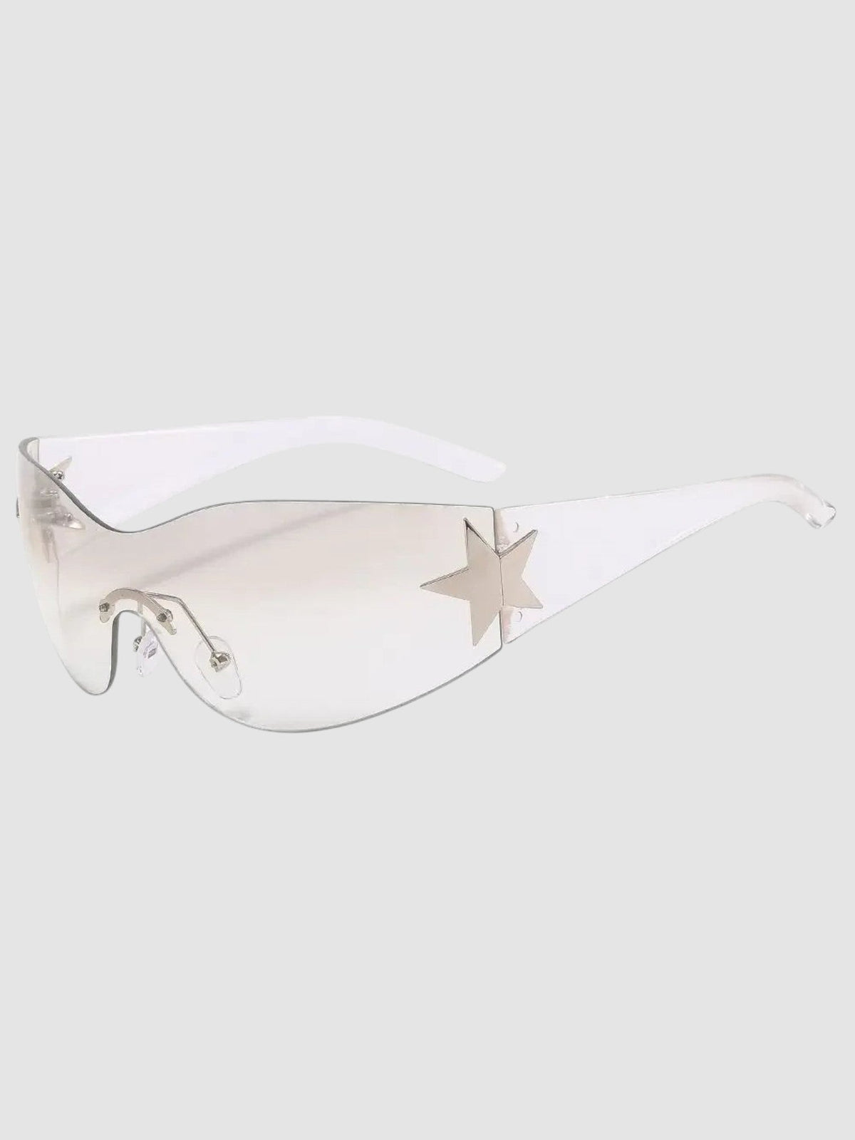 Y2K Avenue Y2K star shield sunglasses with a frameless gradient lens and silver star detail on clear temples