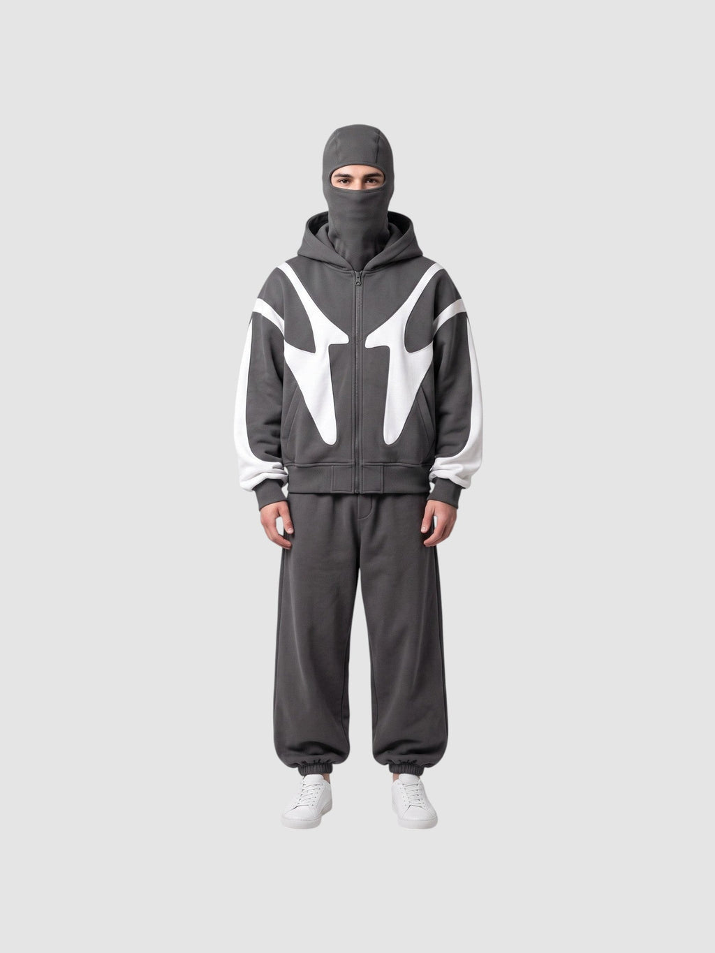 Y2K Avenue streetwear jacket with integrated balaclava hood, featuring white graphic accents on a grey fleece base.