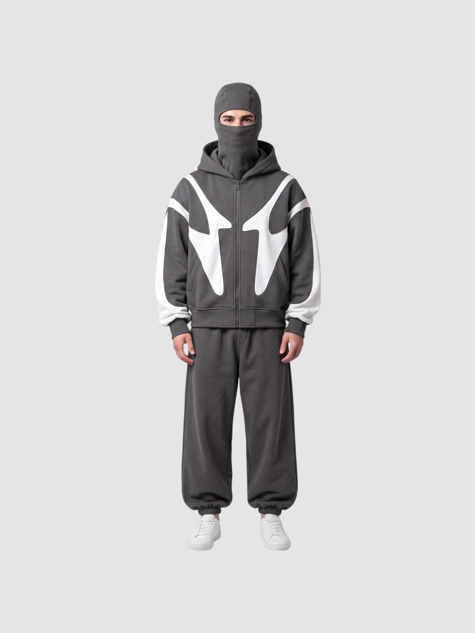 Y2K Avenue streetwear jacket with integrated balaclava hood, featuring white graphic accents on a grey fleece base.