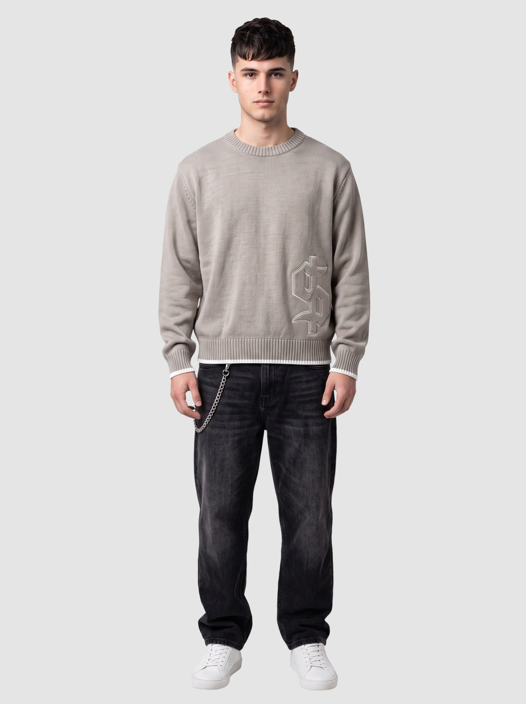 Y2K Avenue taupe grey cotton knit sweater with gothic dollar patch, ribbed crew neck, and white trim details.