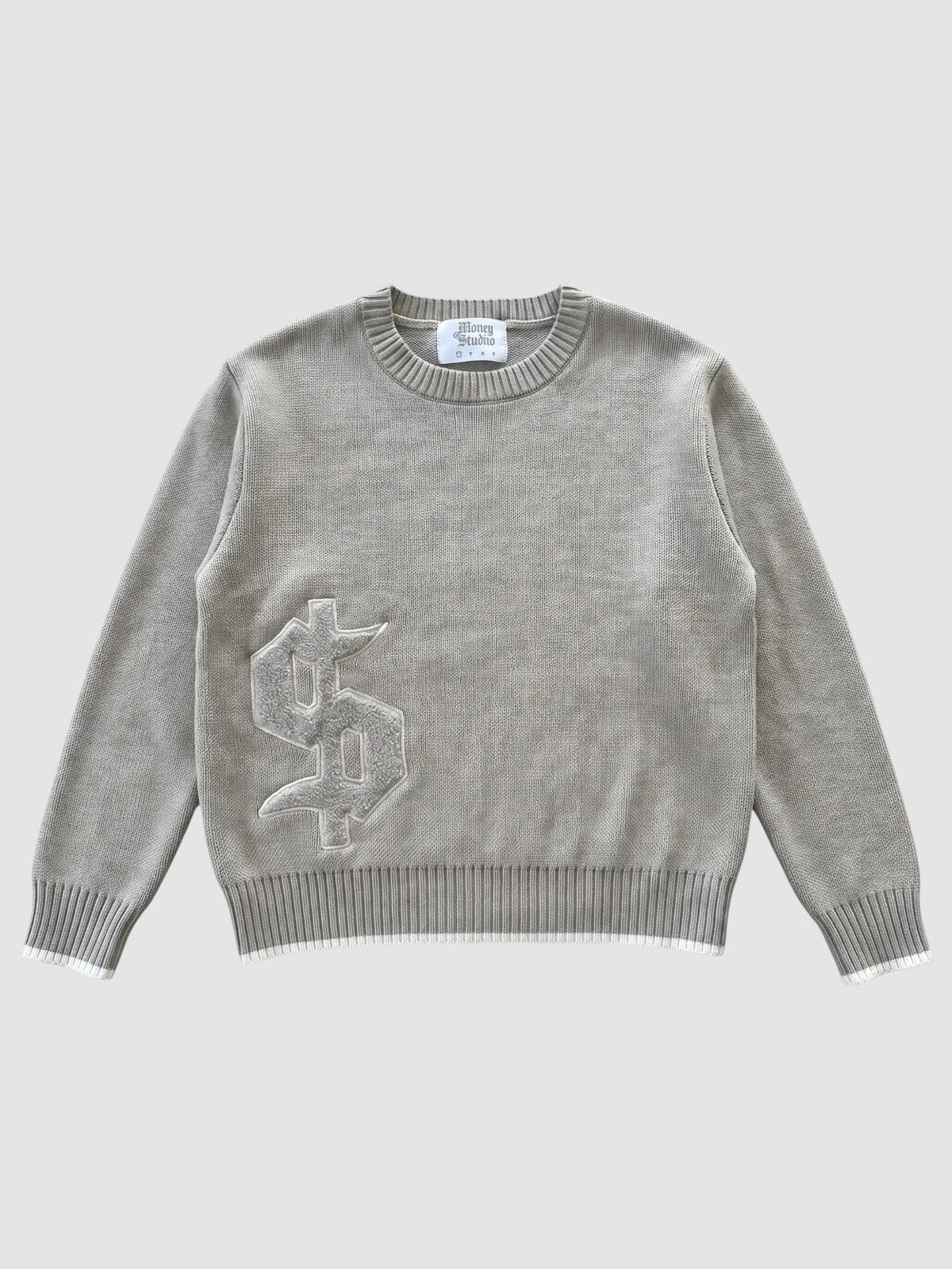 Y2K Avenue taupe grey cotton knit sweater with a gothic dollar sign applique and white-tipped ribbed hem and cuffs.
