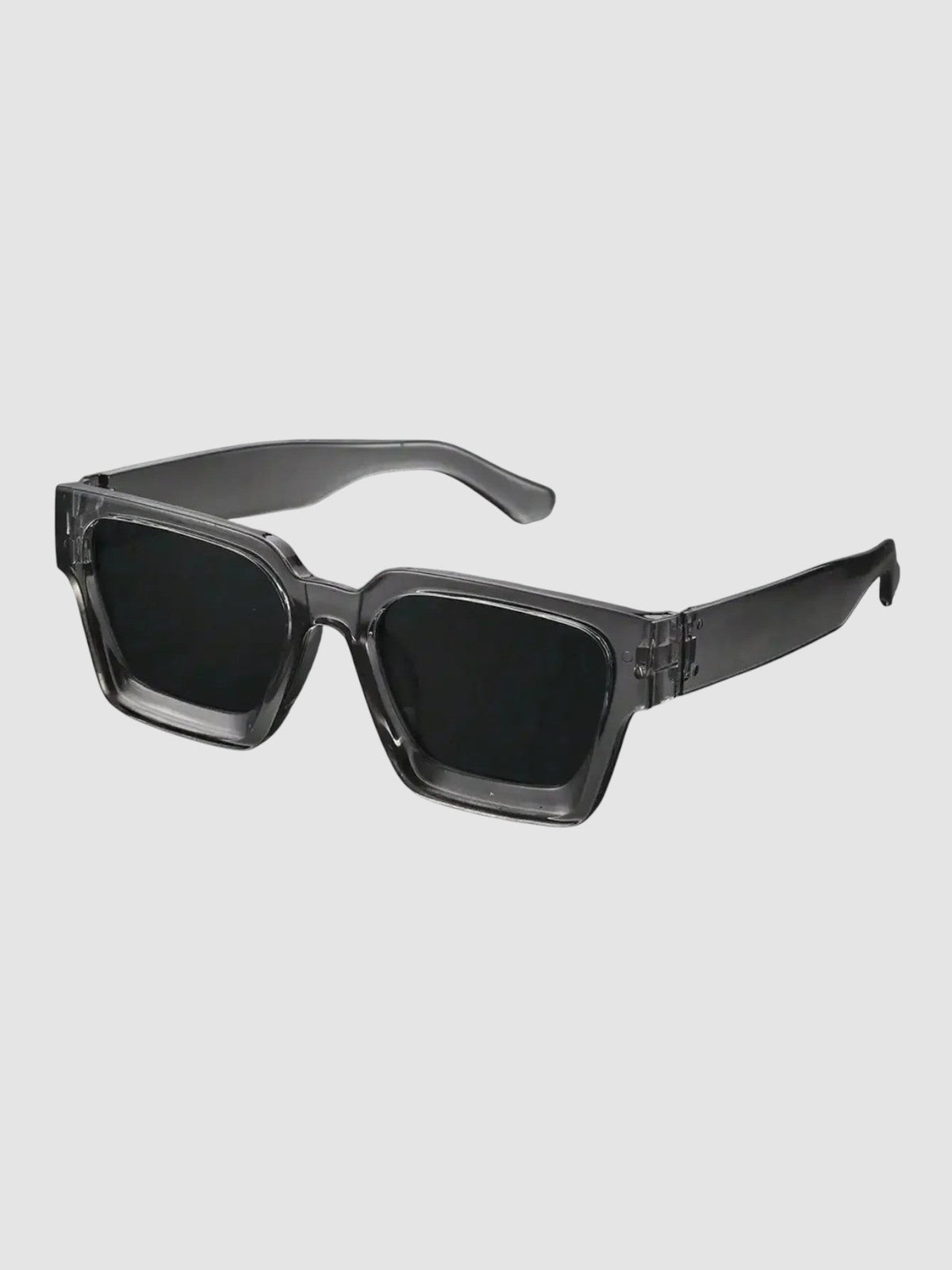 Y2K Avenue thick rectangular sunglasses in crystal grey with dark UV400 polycarbonate lenses and metal hinge details.