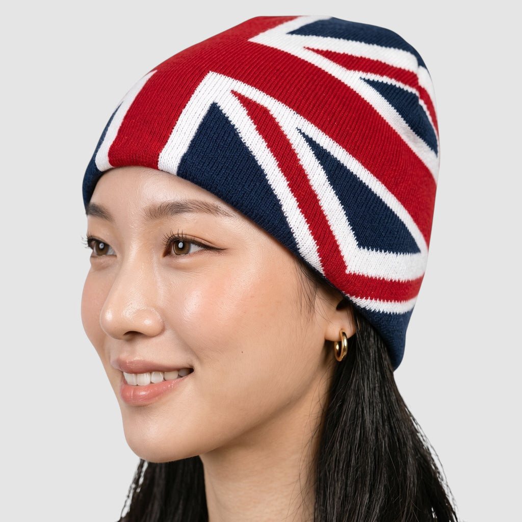 Y2K Avenue beanie featuring a navy blue, red, and white Union Jack flag pattern in soft acrylic knit