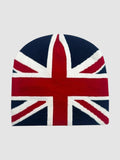 Y2K Avenue acrylic knit beanie featuring a bold Union Jack flag design in navy blue, red, and white.