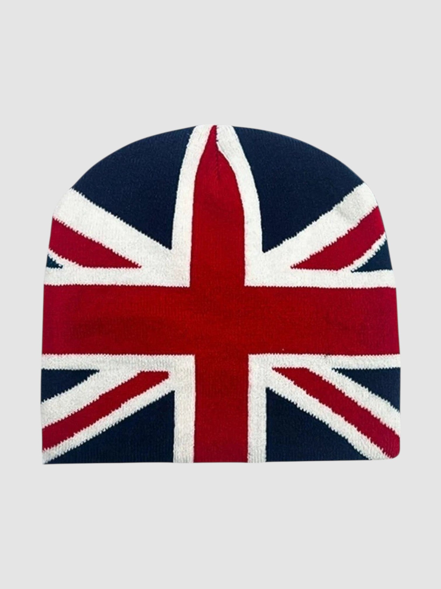 Y2K Avenue acrylic knit beanie featuring a bold Union Jack flag design in navy blue, red, and white.