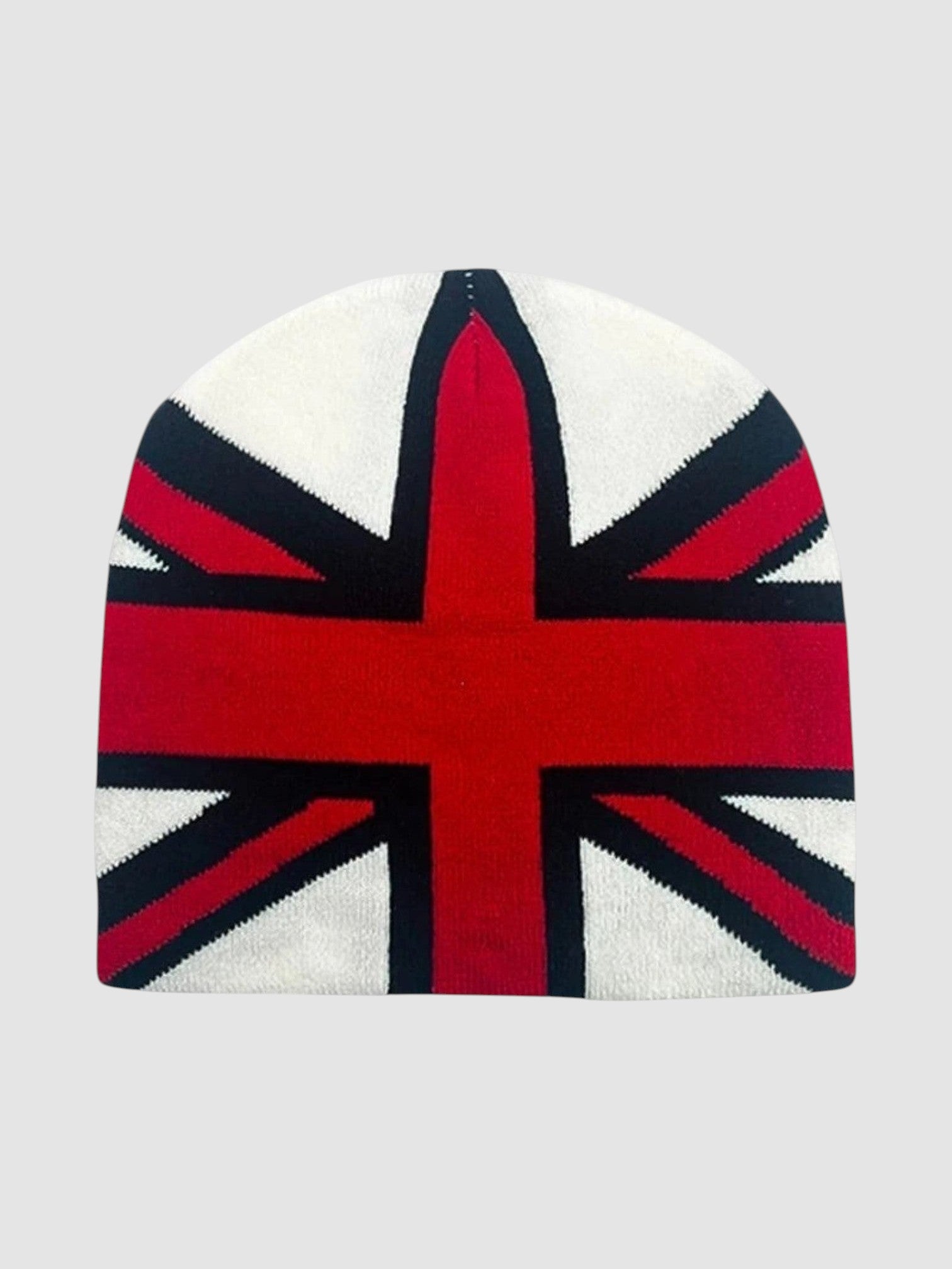 Y2K Avenue acrylic knit beanie featuring a bold red, white, and blue Union Jack flag pattern in a classic high fit.