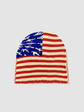 Y2K Avenue USA flag beanie with digital camouflage blue canton and red and off-white stripes in stretchy knit fabric