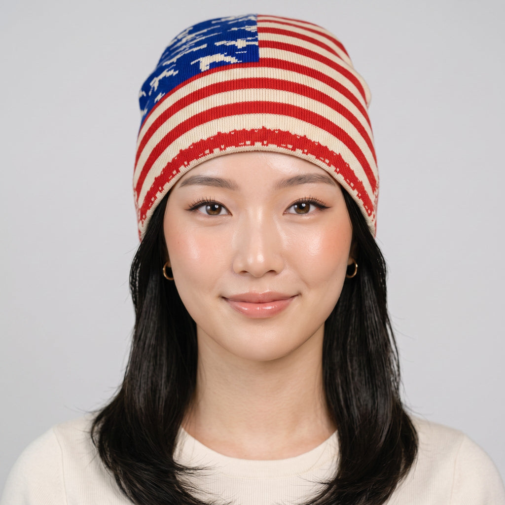 Y2K Avenue USA flag beanie with stars and stripes pattern worn by a model on a light grey background