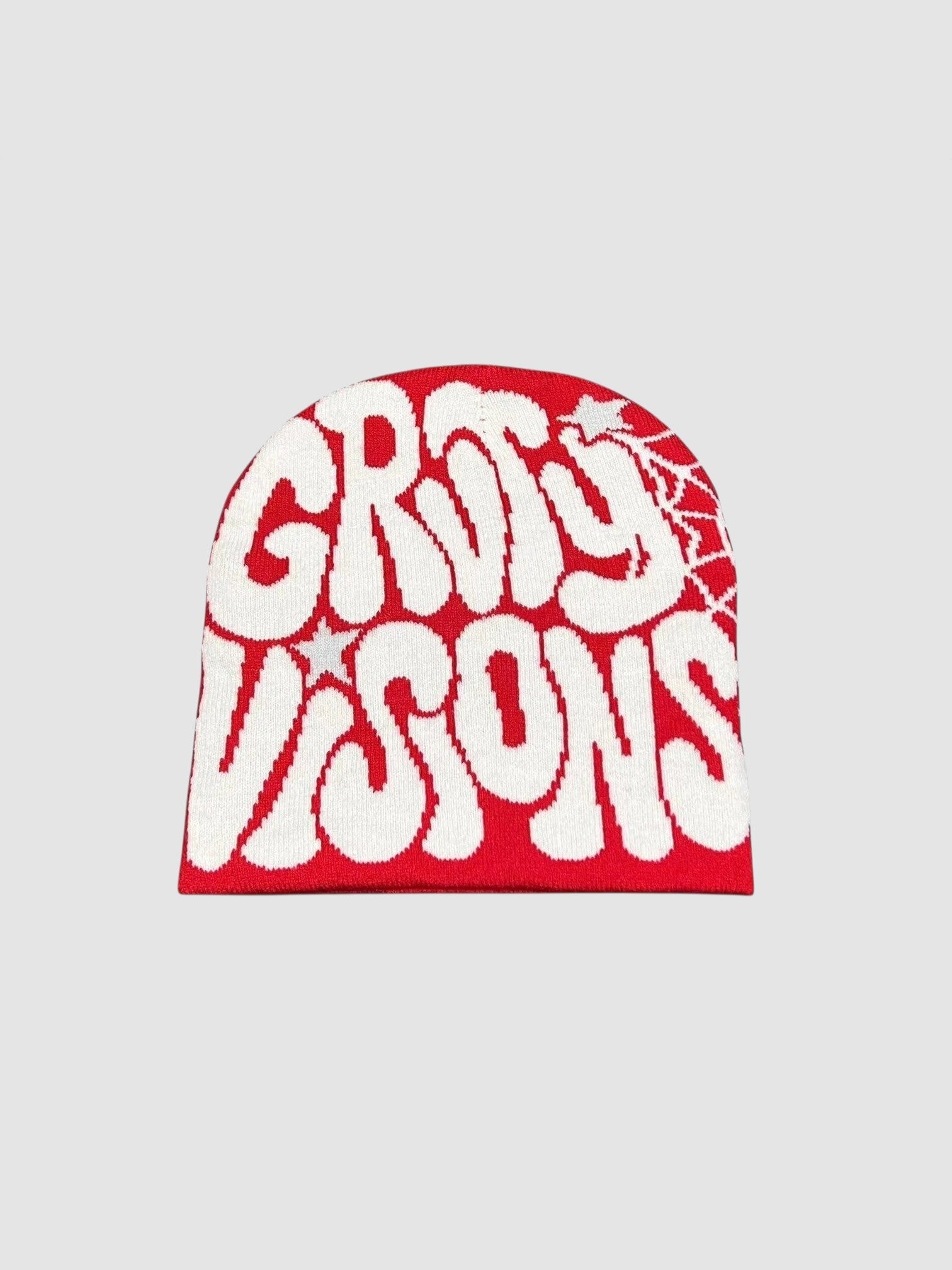 Y2K Avenue vintage beanie in red and white with groovy bubble graffiti lettering and small star details