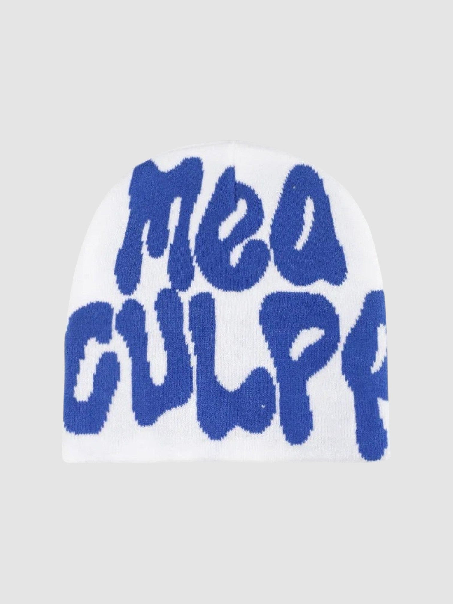 Y2K Avenue white beanie with blue graffiti style Mea Culpa bubble lettering in a skullie fit