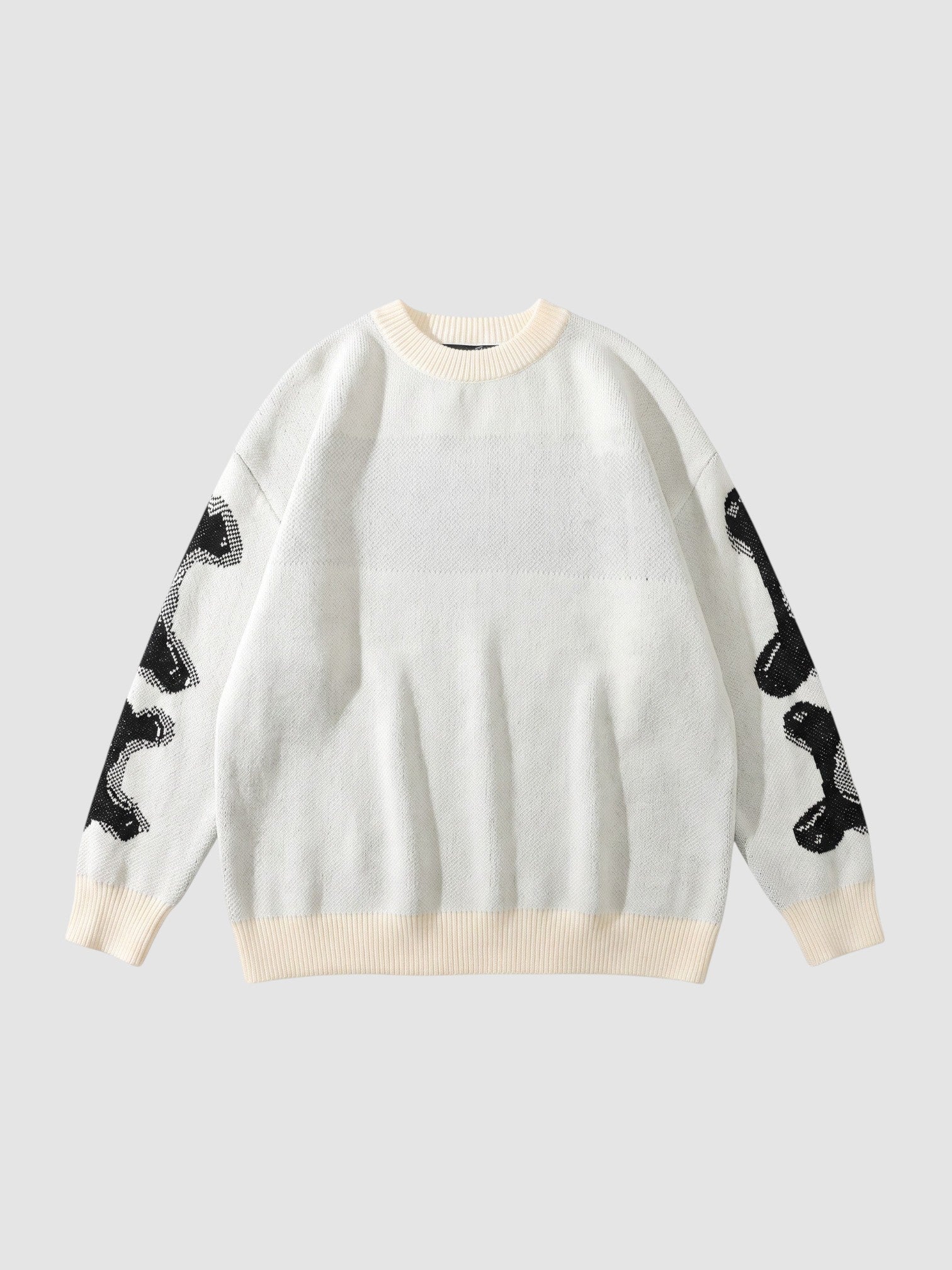 Y2K AVENUE white knit sweater with black bone pattern on sleeves and ribbed crew neck in a streetwear style