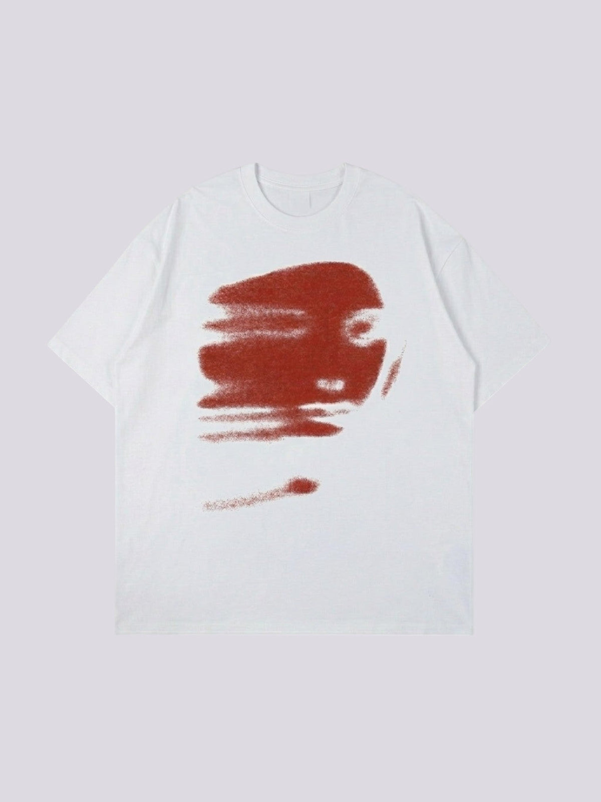 Y2K Avenue white cotton t-shirt featuring a blurred, brick-red abstract face print in a Y2K aesthetic style.