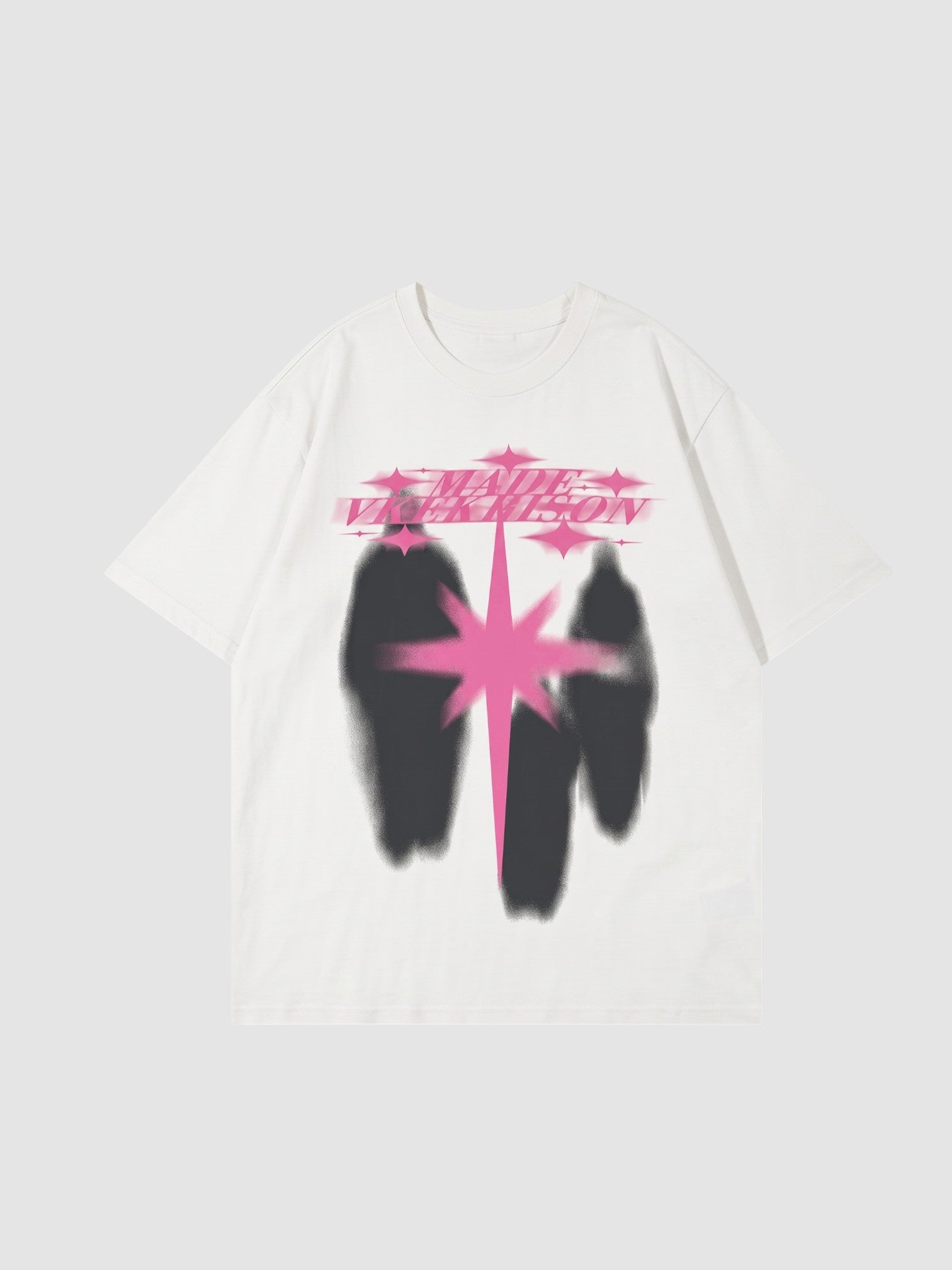 Y2K Avenue white cotton t-shirt featuring a neon pink star graphic and blurred black silhouettes in a Y2K style.