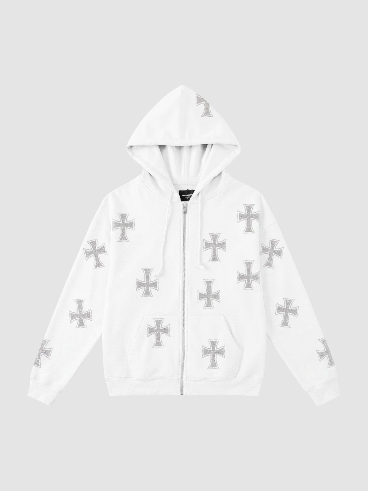 Y2K Avenue white zip-up hoodie featuring a repeating grey cross pattern, drawstring hood, and front pockets.