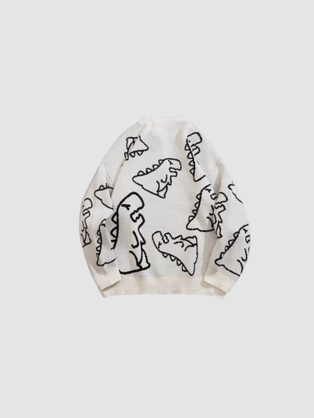 Y2K AVENUE white knit sweater featuring a black cartoon dinosaur pattern and a classic round neck design.