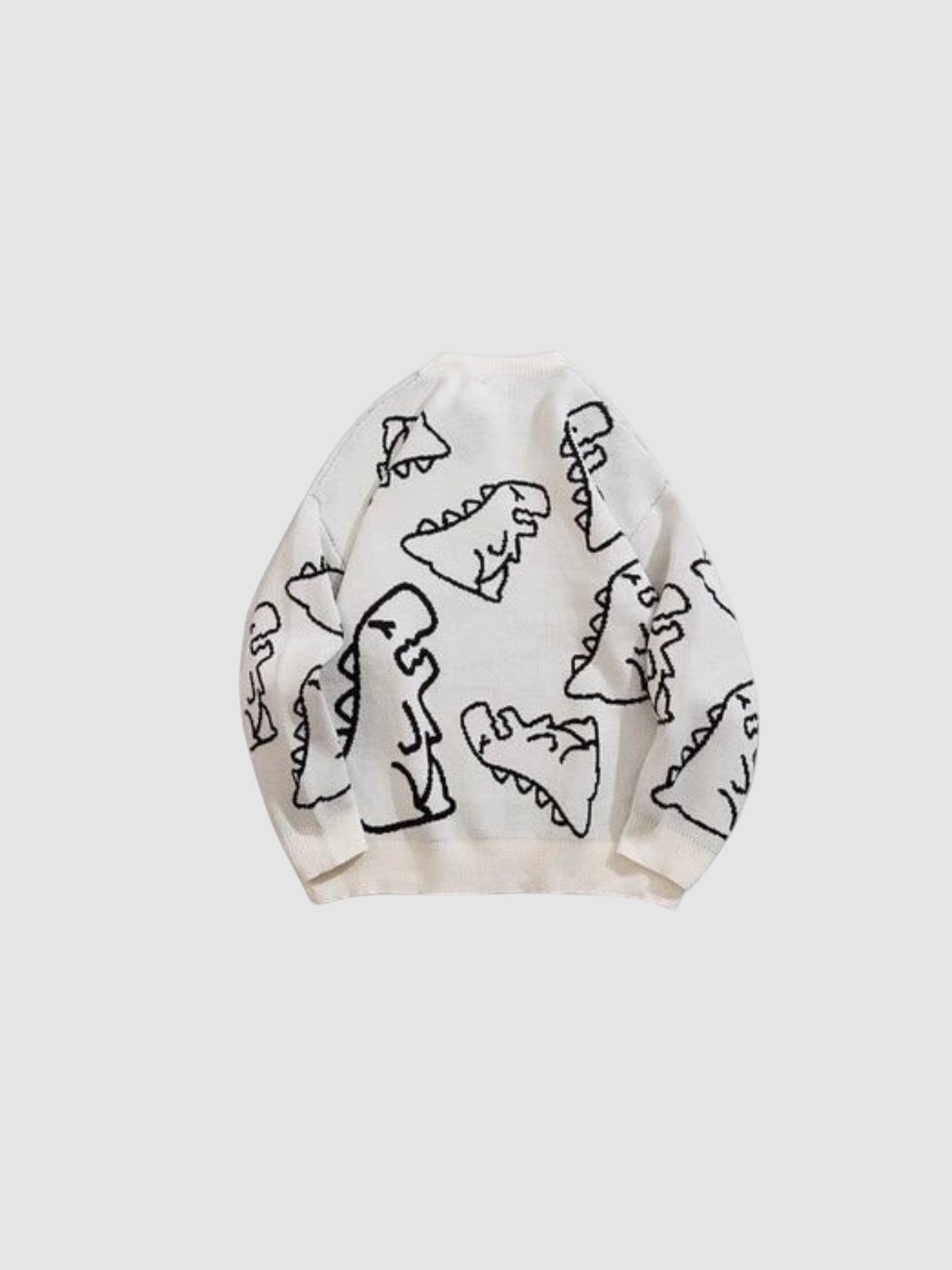 Y2K AVENUE white knit sweater featuring a black cartoon dinosaur pattern and a classic round neck design.